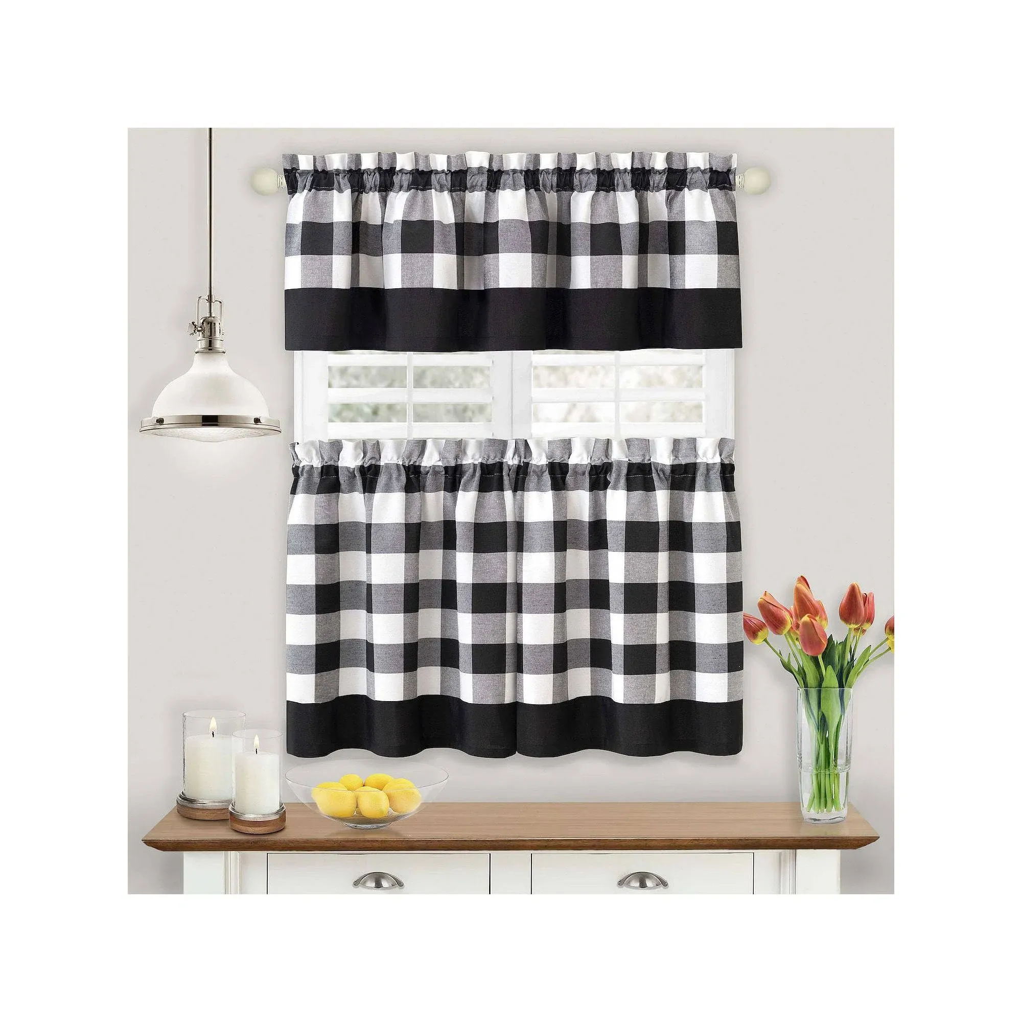 Achim Hunter Window Curtain Tier Pair and Valance Set, Black, 57 in x 24 in