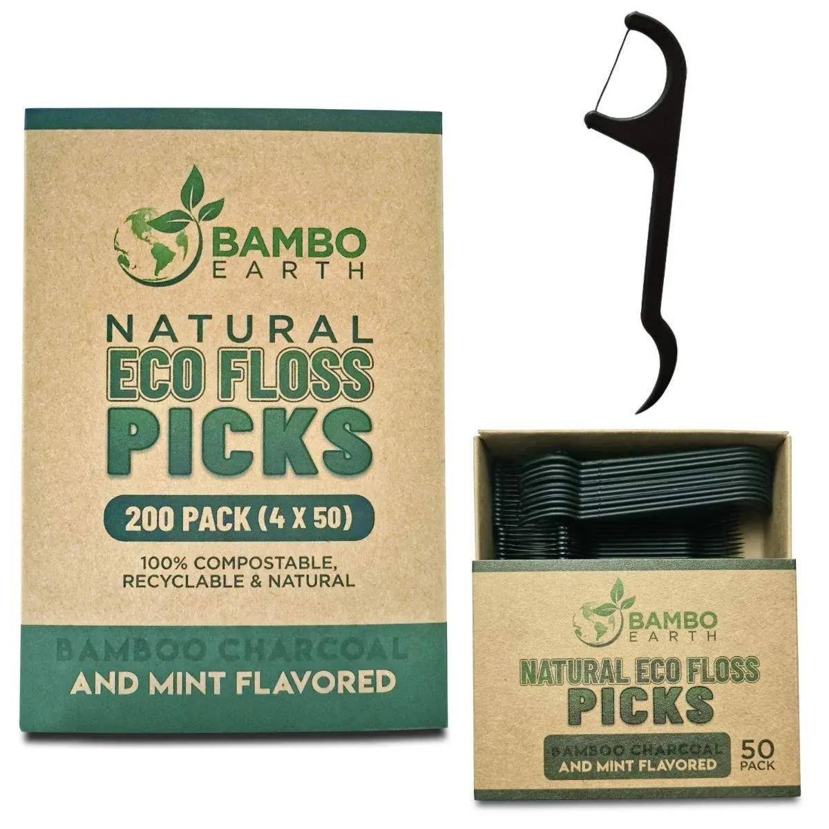 Natural Dental Floss Picks - Eco Friendly Cruelty Free & Vegan Tooth Flossers Pick Set with Biodegradable and Compostable BPA Free Handle & Zero Waste Packaging - 200 Pack (Bamboo Charcoal Flavored)