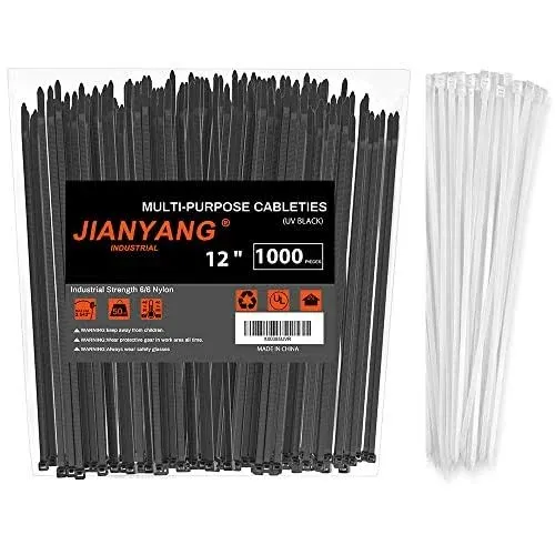 12 Inch Zip Ties (Bulk 1000 Pack Black & 100 Pack White),50LBS Tensile Strength Heavy Duty Cable Wire Ties With Self-Locking Adjustable Durable Nylon Tie Wraps for Indoor Outdoor (10 Pack Mount)