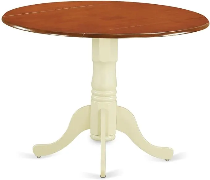 East West Furniture Dublin Round Table with Two 9" Drop Leaves in Buttermilk and Cherry