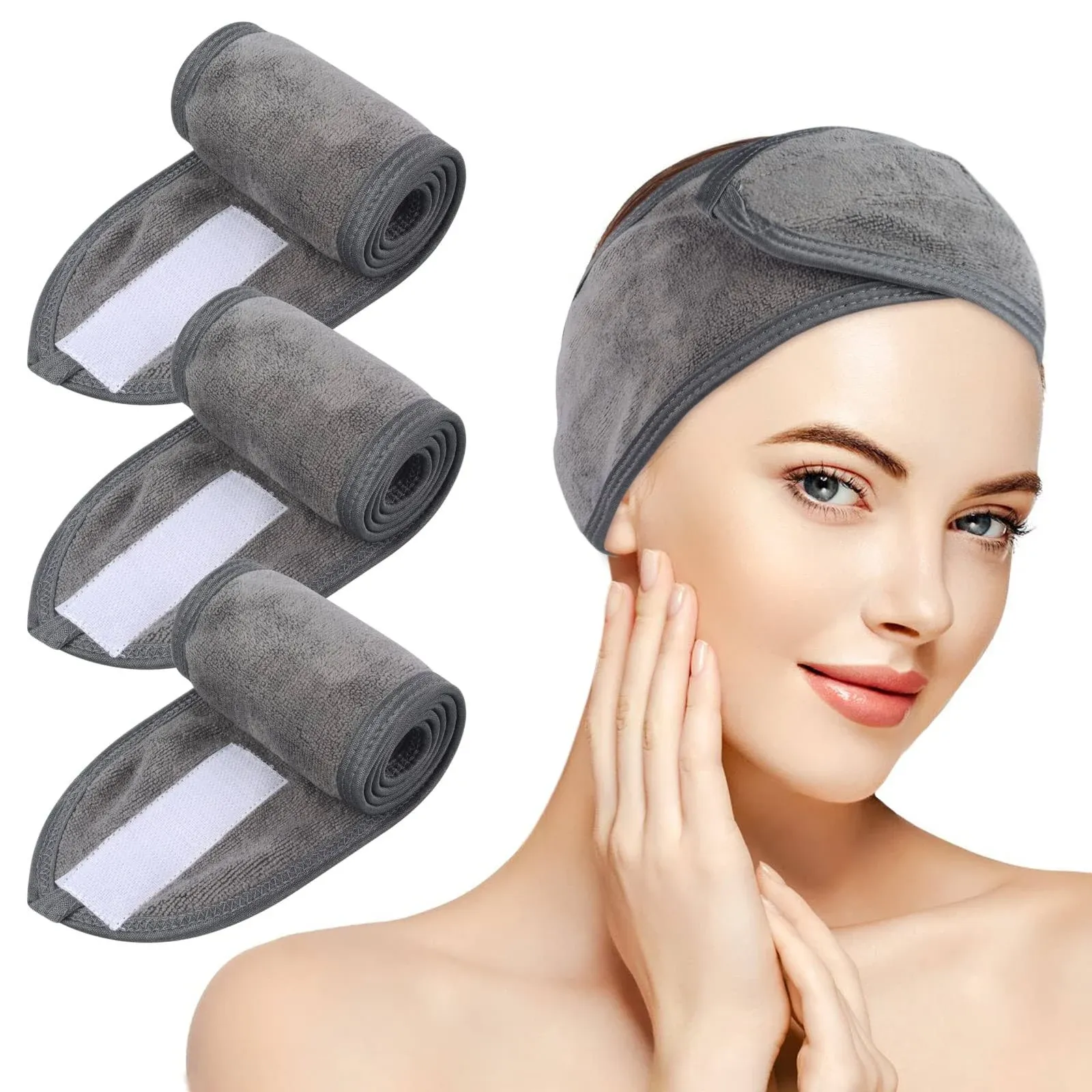 KinHwa Spa Facial Headband Adjustable Towel Headband Make Up Wrap Head Band for Face Washing, Shower, Yoga Sports 3 Pack Gray