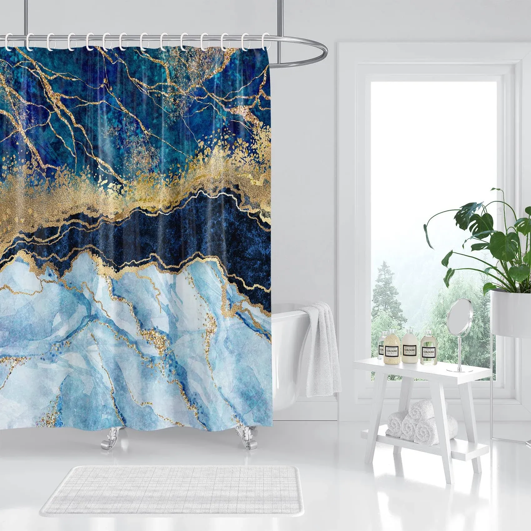 Marble Shower Curtain, Blue Marble Shower Curtain Set, Abstract Luxury Blue Gold