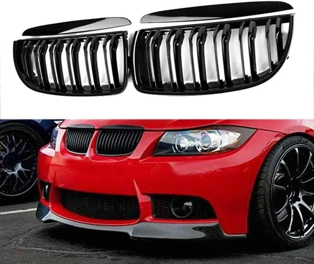 Ricoy Gloss Black Front Kidney Bumper Grill Grilles Compatible with E90 E91 2005-2008 3 Series 325i 328i Sedan Wagon Dual Slat Flat