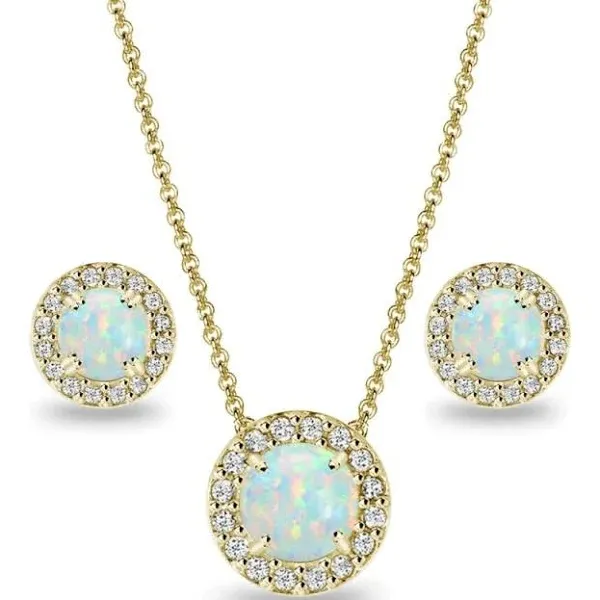 Yellow Gold Flashed Sterling Silver Created Opal Round Halo Necklace & Stud Earrings Set With Cz Accents