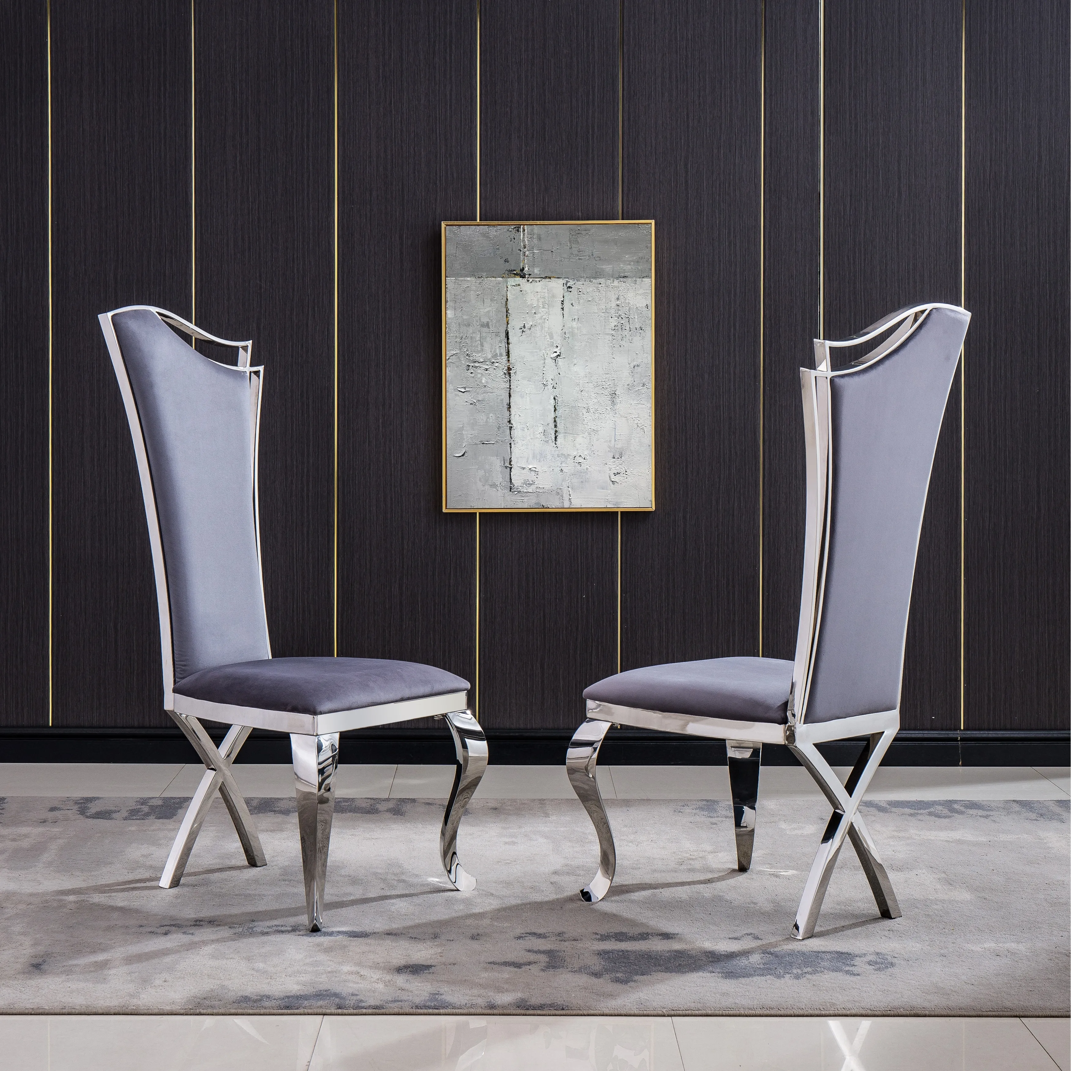 Unique Design Set of 2 Velvet Upholstered Backrest Dining Chairs with Sturdy and Durable Stainless Steel Legs for Dining Room