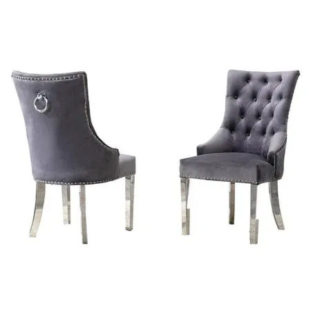 Double Tufted Gray Velvet Side Chairs w/ Silver Stainless Steel Legs (Set of 2)