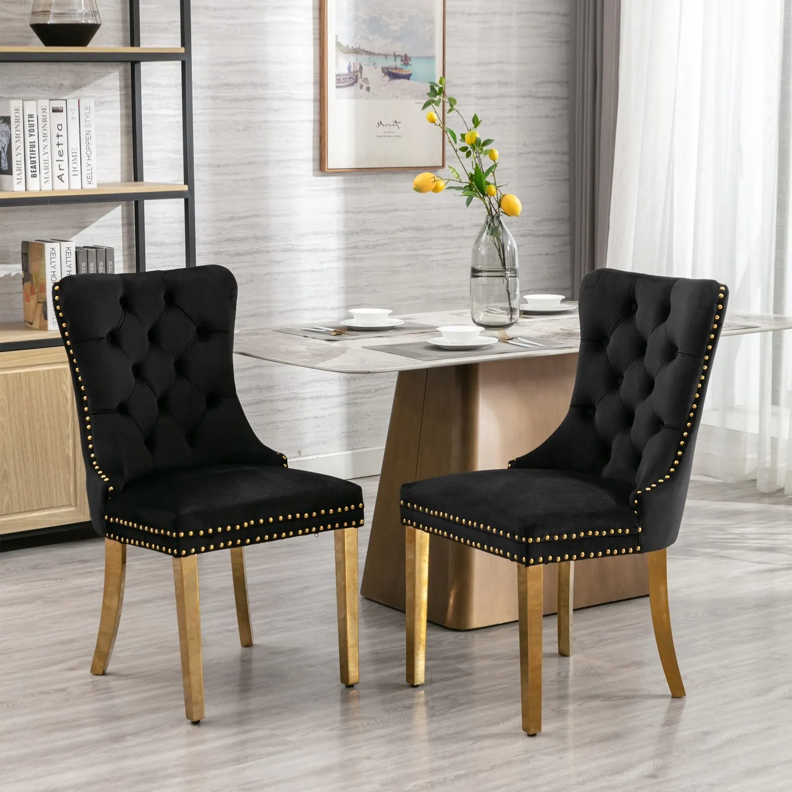 Tufted Solid Wood Velvet Upholstered Dining Chair with Golden Stainless Steel Plating Legs,Nailhead Trim,Set of 2