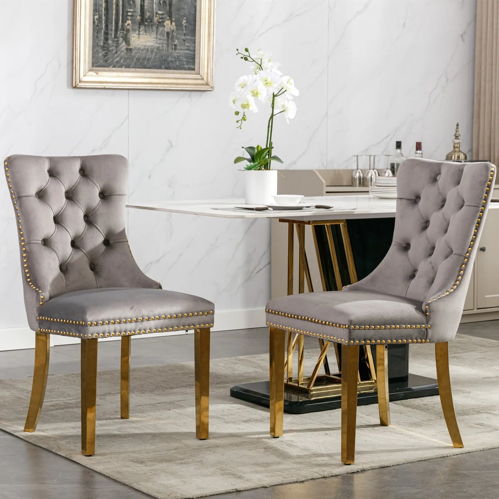 High end Tufted Solid Wood Contemporary Velvet Upholstered Dining Chair with Golden Stainless Steel Plating Legs(Set of 2)