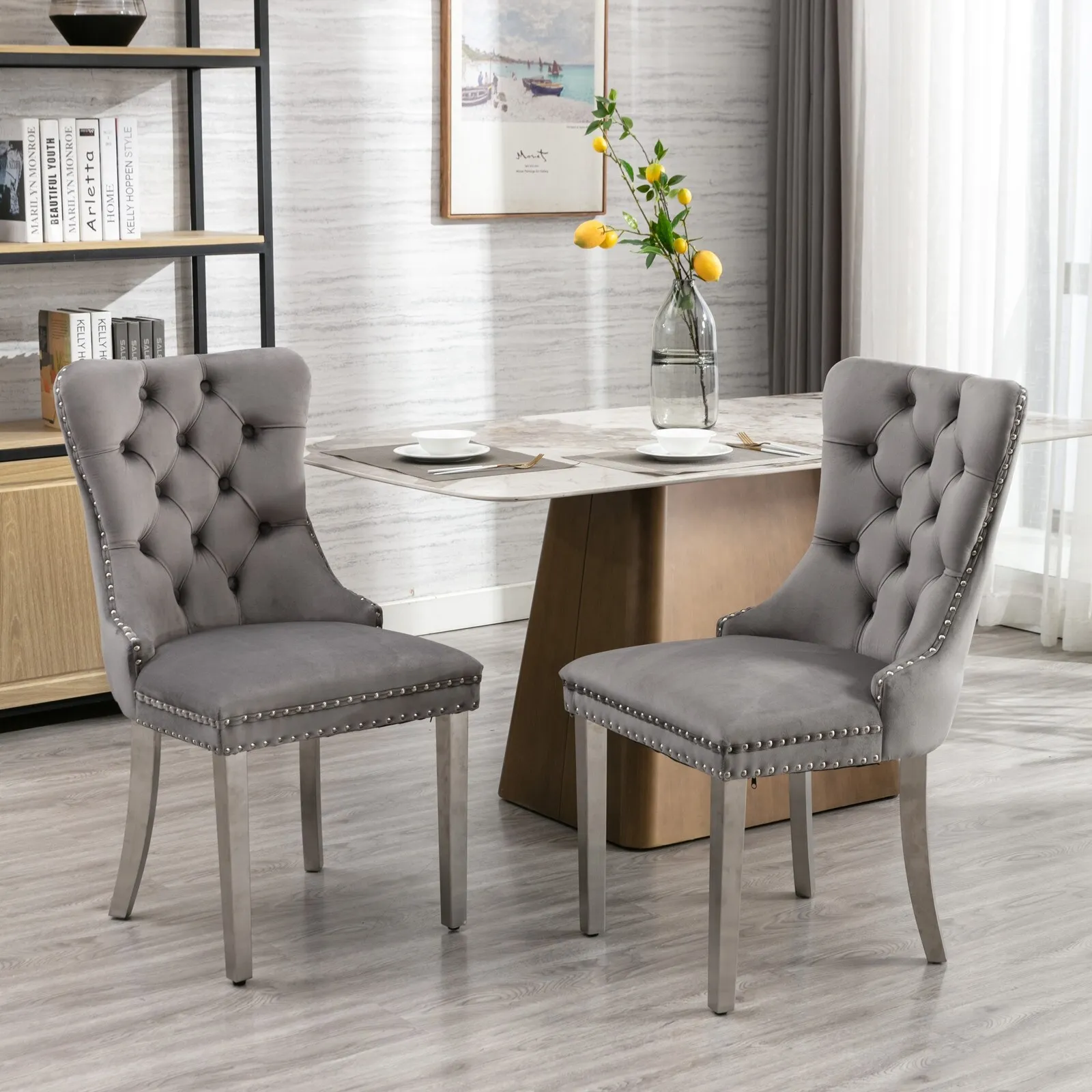 High-end Tufted Solid Wood Velvet Upholstered Dining Chair with Chrome Stainless Steel Plating Legs,Nailhead Trim,Set of 2