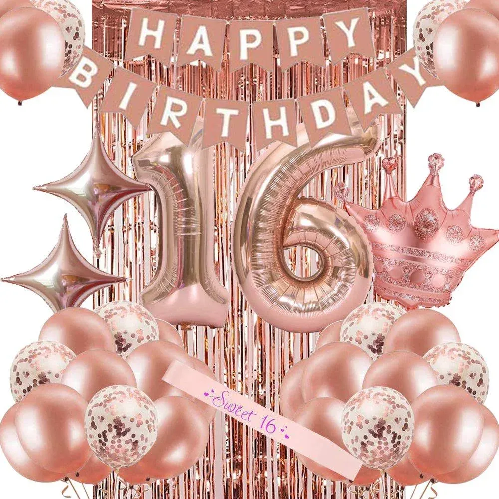 16th Birthday Decorations for Women, Rose Gold Sweet 16 Birthday Party Decoration ...