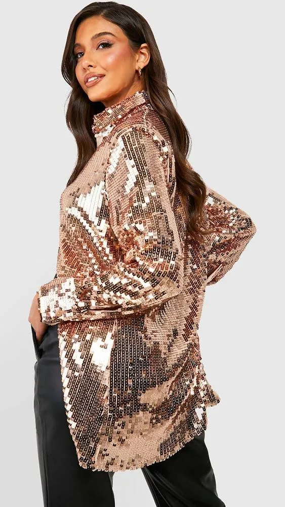 boohoo Oversized Sequin Shirt - Gold - Size 2