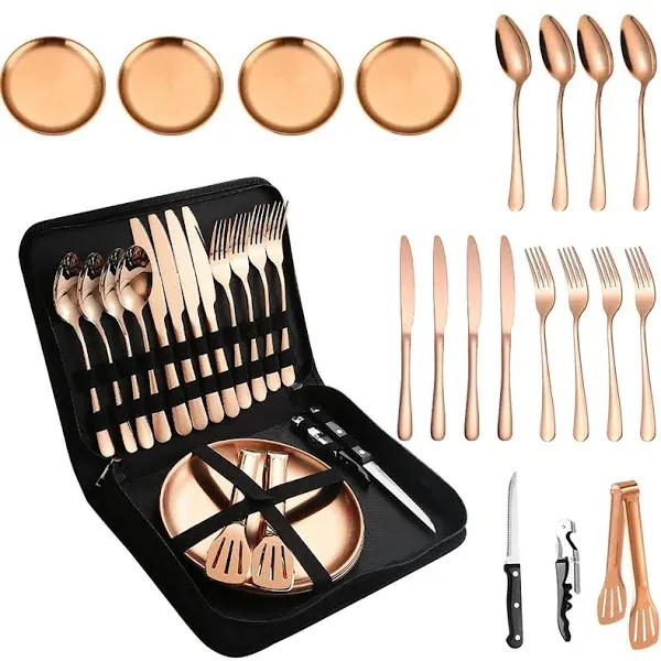 Picnic Tableware Set Camping Flatware Copper/Rose Gold Silverware and Plates Kit for 4 Portable Utensils Stainless Steel Dishes Spoons Forks Knives Bottle Opener Food Tongs