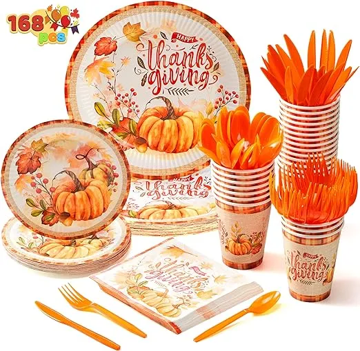 168 Pcs Thanksgiving Disposable Paper Plates, Dinnerware Set