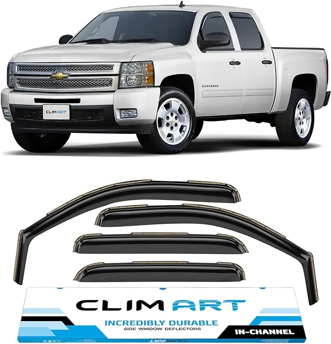 CLIM ART in-Channel Incredibly Durable Rain Guards Compatible with Chevrolet (Chevy) Silverado/GMC Sierra 1500 2007-2013 Crew Cab, Window Deflectors, Vent Visors, Vent Deflector, 4pcs - 607178