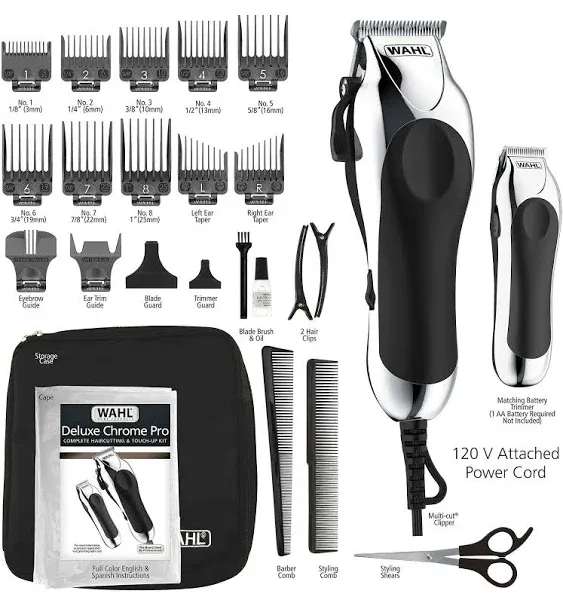 Wahl Clipper USA Deluxe Corded Chrome Pro, Complete Hair and Trimming Kit, Includes Corded Clipper, Cordless Battery Trimmer, and Styling Shears, for a Cut Every Time - Model 79524-5201M