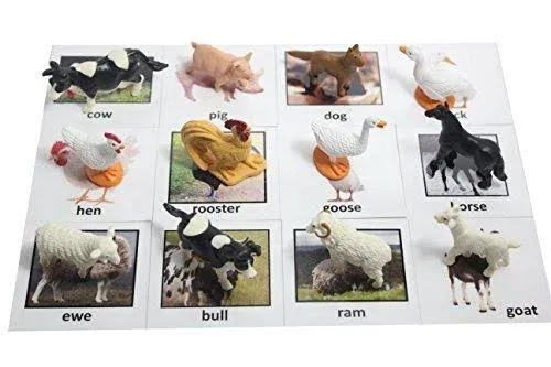 Montessori Animal Match - Miniature Farm Animal Toy Figurines with Matching Cards ...