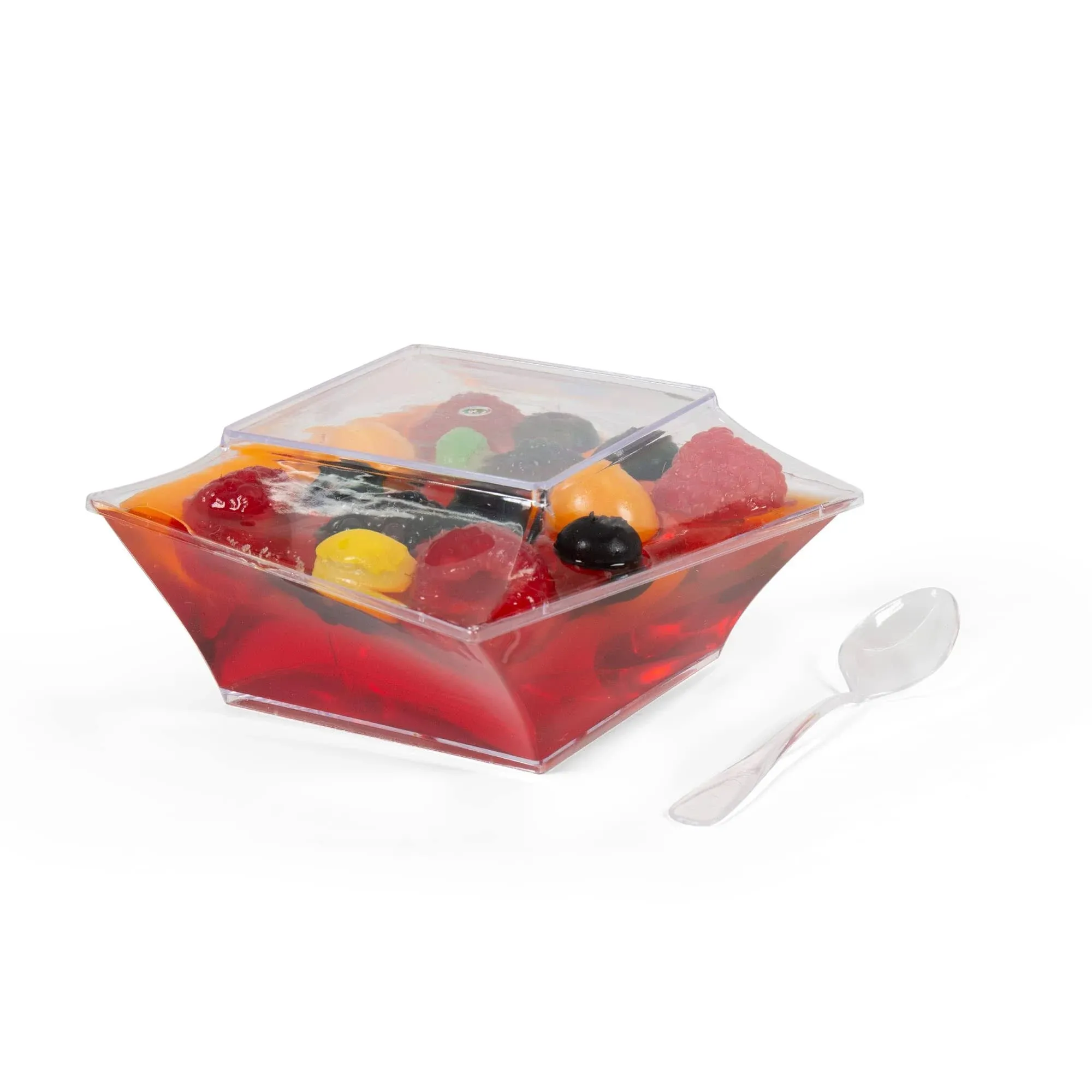 Oasis Creations Slanted Wide Square Cup - 7 ounces - 50 Count - Lids & Spoons Included - Clear Plastic - Appetizer Cup - Parfait Cup - Dessert Cup -Disposable or Reusable