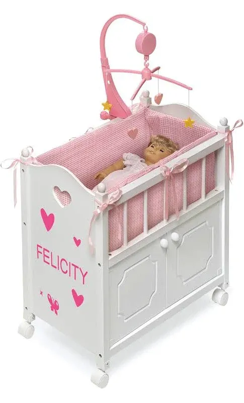 Badger Basket Chevron Doll Crib with Cabinet, Bedding, and Mobile - White/Pink