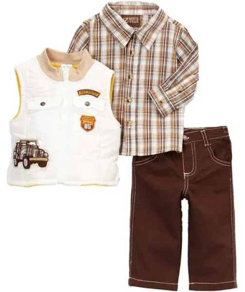 Boyz Wear Infant Boys 3PC BAby Outfit Off Road Vest Plaid Shirt & Pants Set 18m