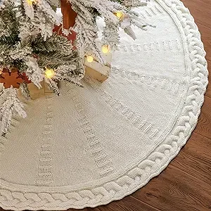 LimBridge Knitted Christmas Tree Skirt: 48 Inches Cream White Tree Skirt, Braided Cable Knit Thick Rustic Christmas Tree Decorations, Farmhouse Christmas Decor Xmas Holiday Home Party Decorations