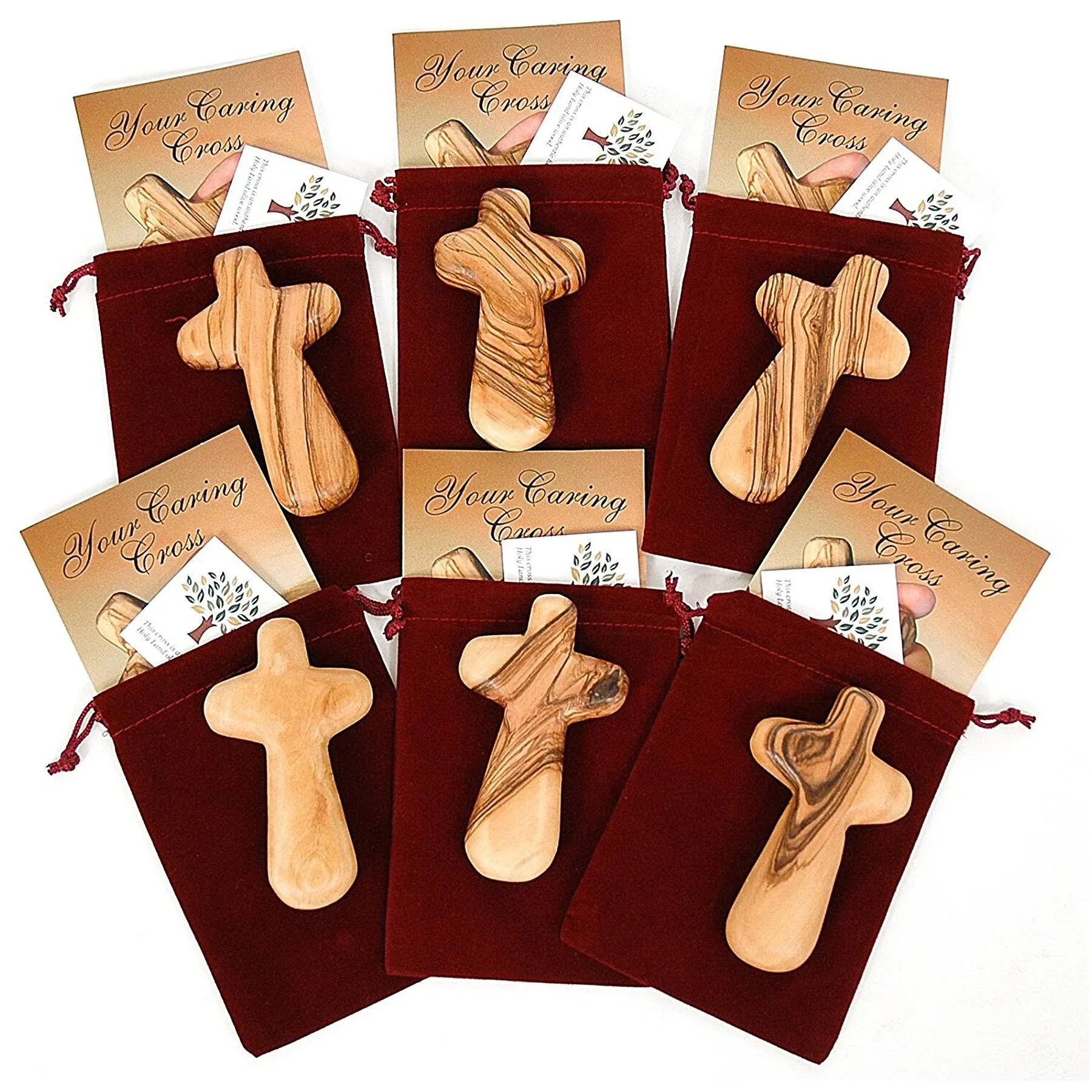 Six Olive Wood Crosses with Velvet Pouches