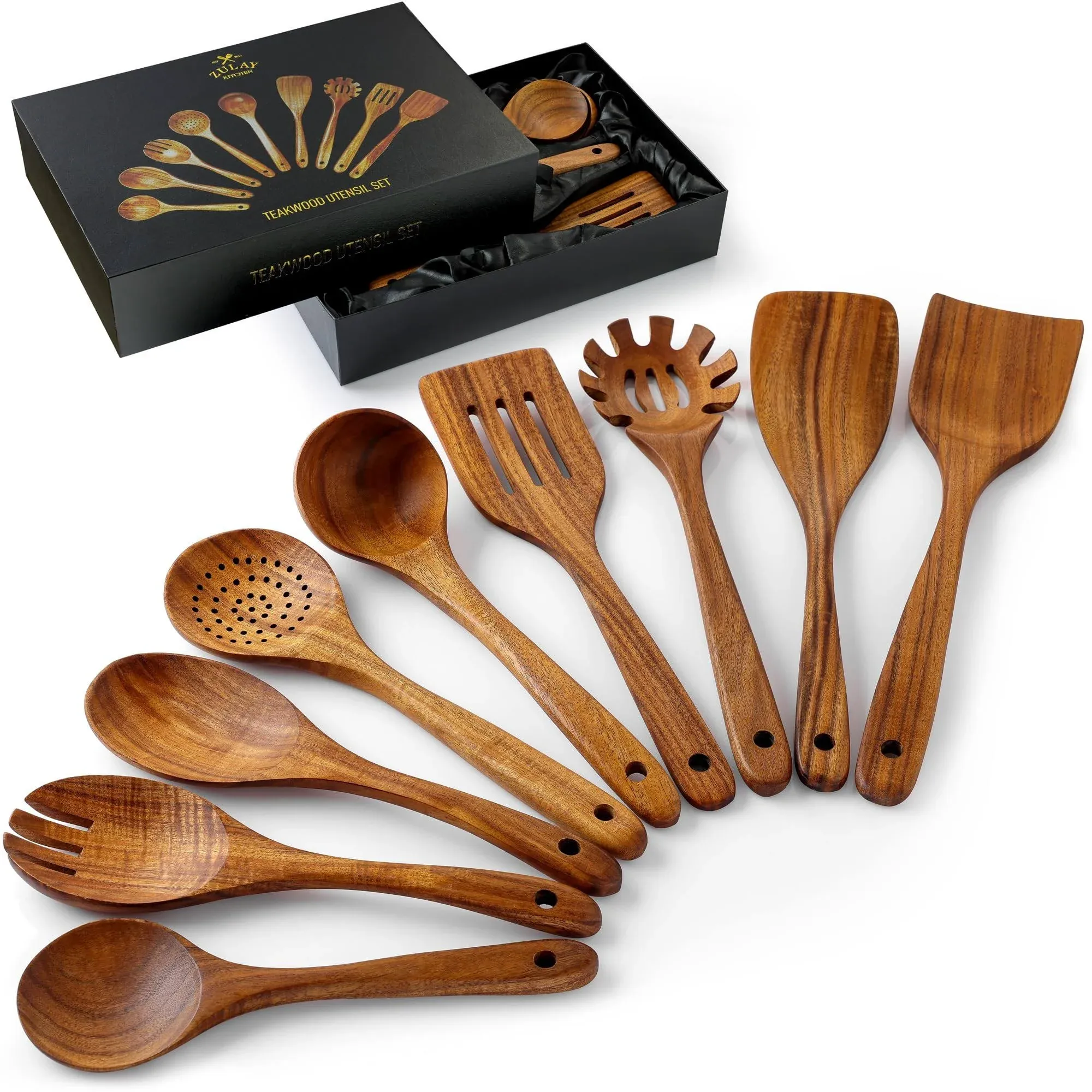 Zulay Kitchen 9-Piece Teak Wooden Utensils for Cooking - Natural Teak Utensil Set with Premium Gift Box - Non-Stick Wooden Spoons for Cooking - Kitchen Gift Set - Comfortable Grip Wooden Utensil Set