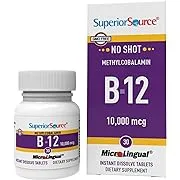 Superior Source No Shot Vitamin B12 Methylcobalamin 10000 mcg, Quick Dissolve MicroLingual Tablets, 30 Count, Active Form of B12, Supports Energy Production, Nervous System Support, Non-GMO