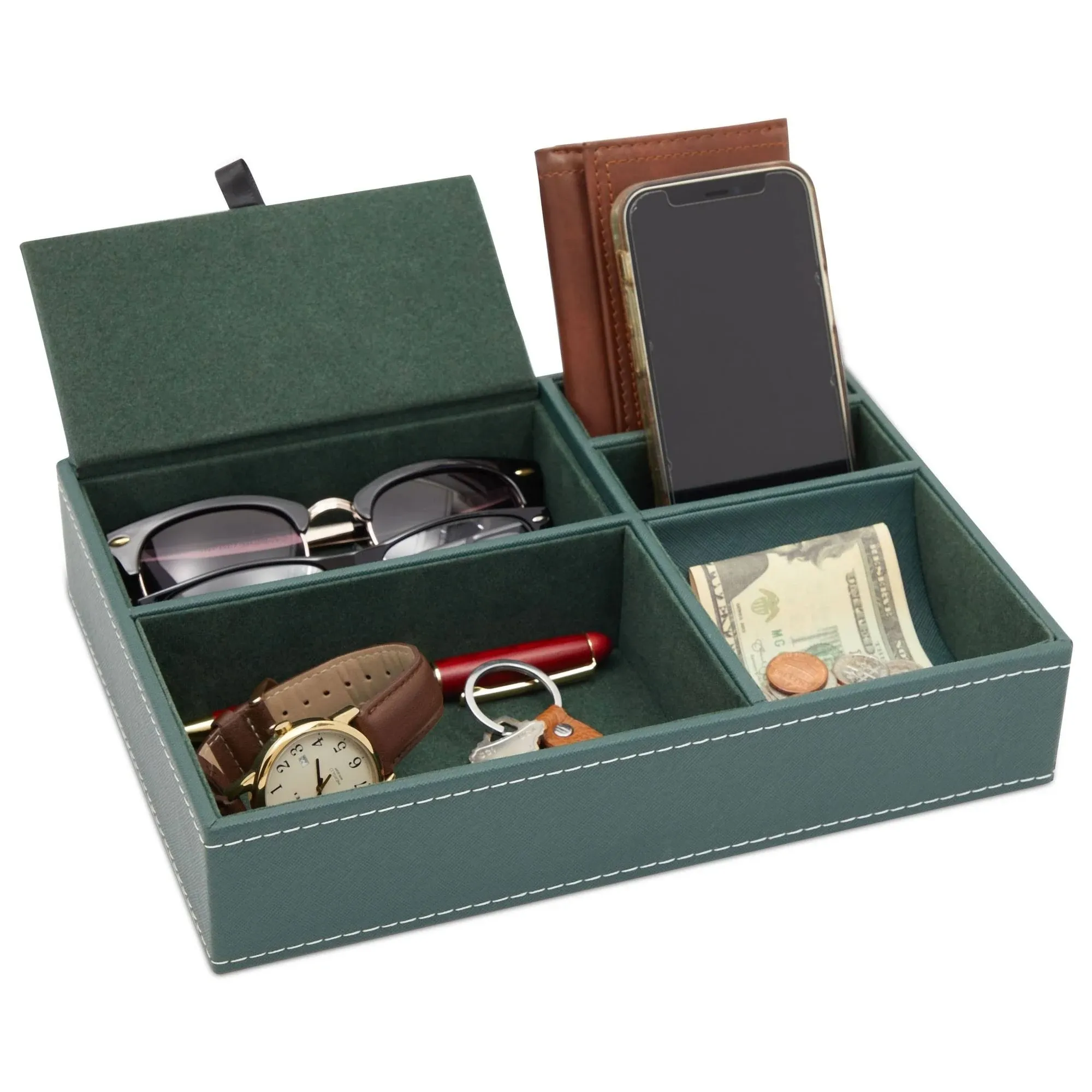 Juvale 5 Compartment Emerald Green Leather Valet Tray for Wallet, Keys (10 x 7.3 ...