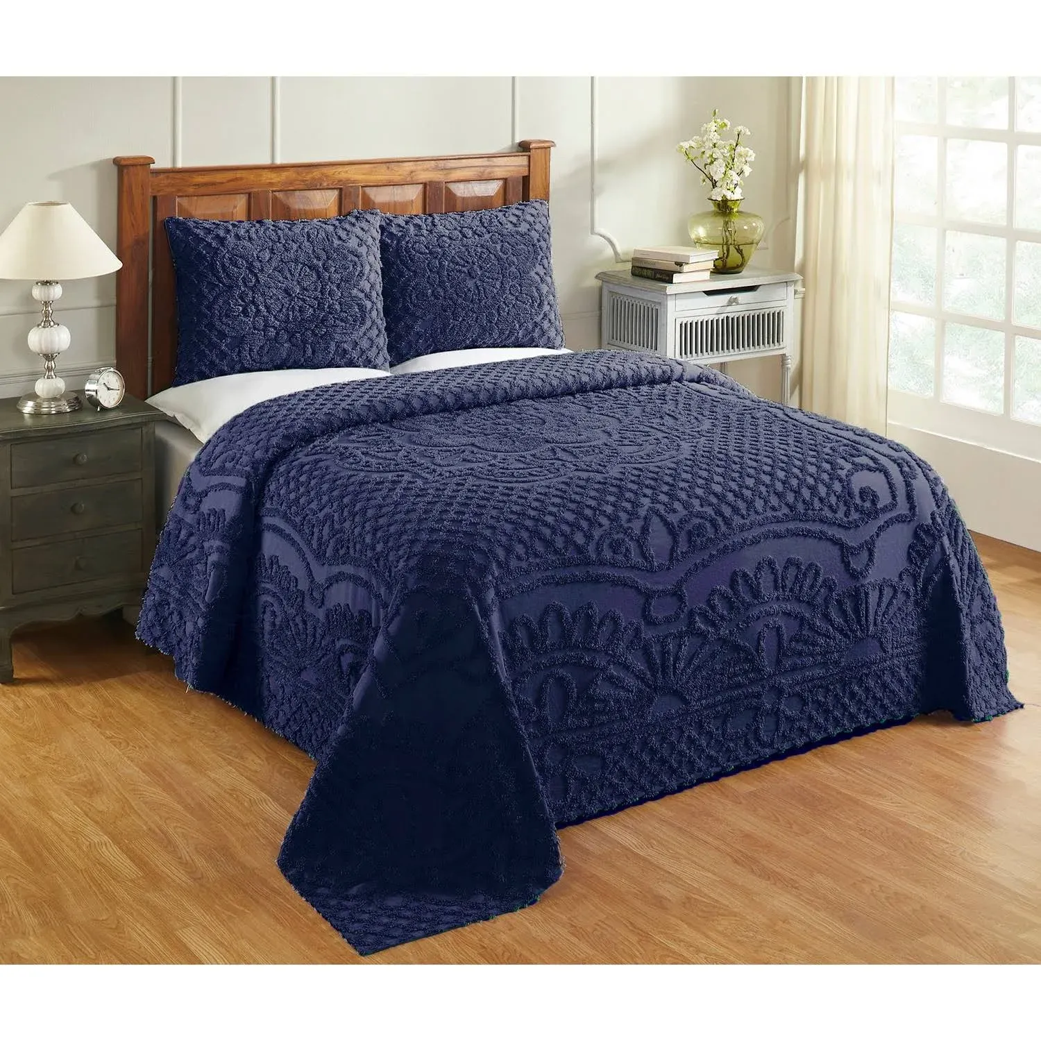 Better Trends Trevor Collection is Super Soft and Light Weight in Medallion Design 100% Cotton Tufted Unique Luxurious Machine Washable Tumble Dry Queen Bedspread Navy