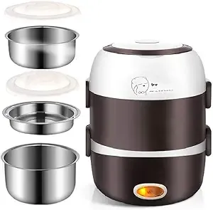 Electric Lunch Box,3 Layers 2L Portable Electric Heating Bento Lunch Box Food Storage Warmer Container Rice Cooker,110V 200W,Stainless Steel+PP