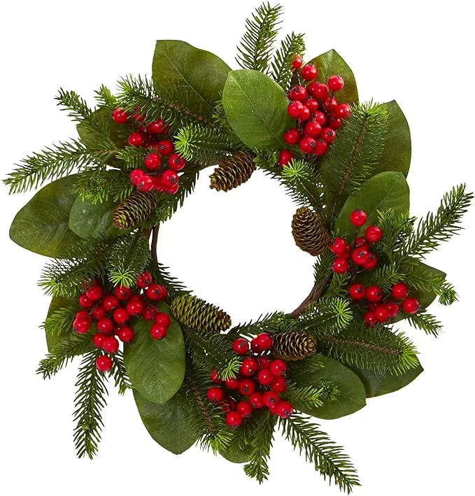 Nearly Natural 19in. Magnolia Leaf, Berry and Pine Artificial Wreath