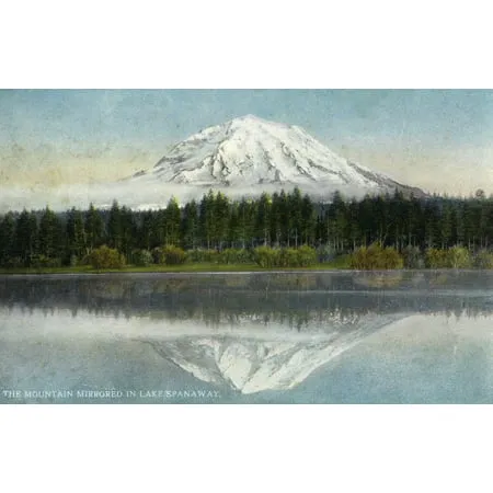 Mount Rainier National Park Washington Rainier Mirrored in Lake Spanaway Vintage Halftone (24x36 Giclee Gallery Art Print Vivid Textured Wall Decor)