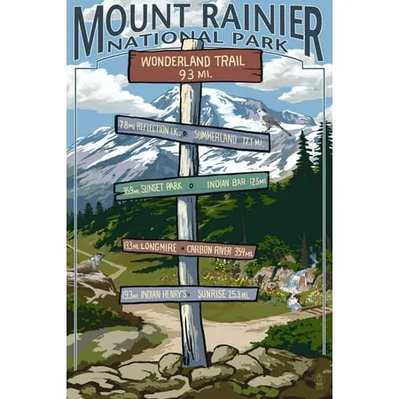 Mount Rainier National Park Washington Wonderland Trail Destination Sign Press (24x36 Giclee Gallery Art Print Vivid Textured Wall Decor)