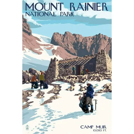 Mount Rainier National Park Washington Camp Muir and Climbers (24x36 Giclee Gallery Art Print Vivid Textured Wall Decor)