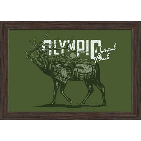 Olympic National Park Washington - Elk - Scenery Animal Silhouette - Lantern Press Artwork (18x12 Giclee Art Print Gallery Framed Espresso Wood)