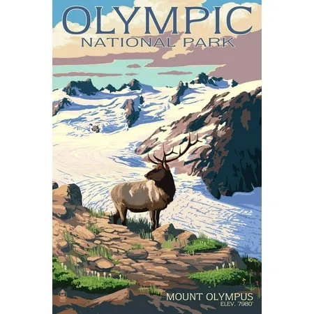 Olympic National Park Washington Mt. Olympus and Elk (24x36 Giclee Gallery Art Print Vivid Textured Wall Decor)