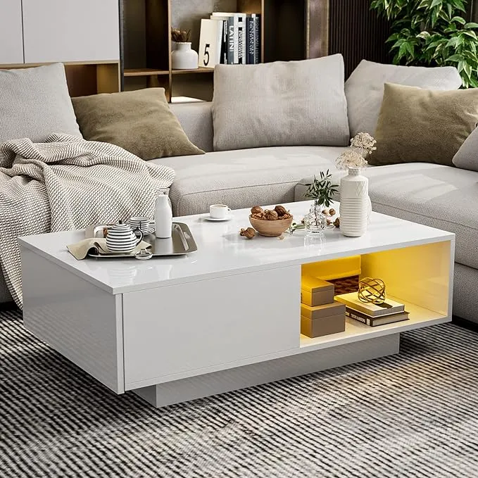 Ikifly Modern High Gloss Coffee Table with 16 Colors LED Light, LED Cocktail ...