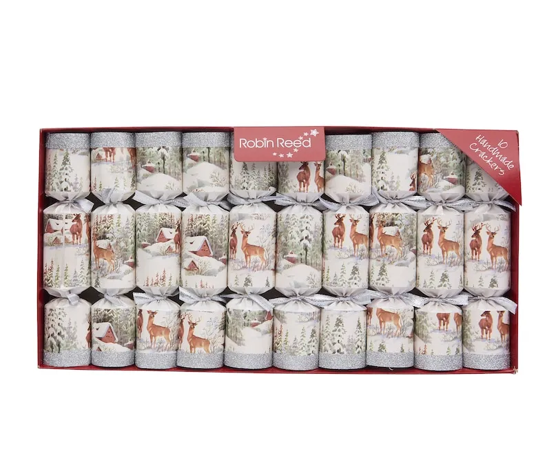 Robin Reed Handmade English Christmas Crackers - 10 x 8.5 inch - Silver Glitter Forest Deer