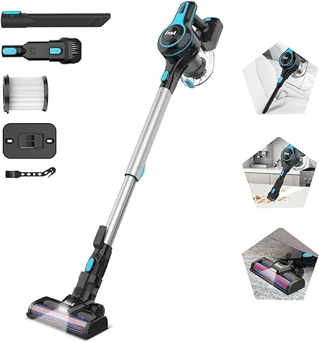 INSE Cordless Bagless Vacuum Cleaner, 145W Powerful Motor, Lightweight Straight Tube Vacuum Cleaner for Pet Hair Hard Floor Thin Carpet - N5 Light Blue