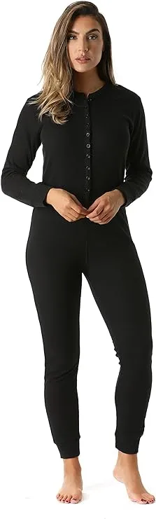 #followme Women's Thermal Henley Onesie Union Suit 6743-blk-xl, Black