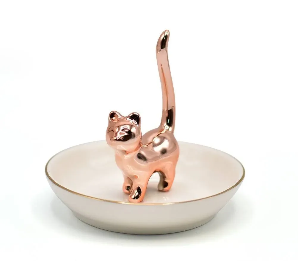 ROSA&ROSE Rose Gold Kitty Jewelry Tray Ceramic Trinket Dish Porcelain Ring Holder