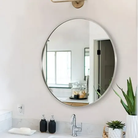 ANDY STAR Round Wall Mirror for Bathroom 26 inch Brushed Silver Circle Mirror Modern Premium Stainless Steel Metal Frame Wall Mounted for Bathroom