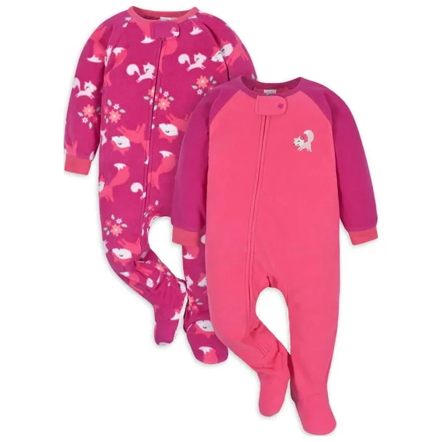 Gerber Baby Girls' Toddler Loose Fit Flame Resistant Fleece Footed Pajamas 2-Pack