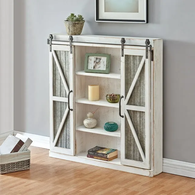 FirsTime & Co. White And Silver Wynne Barn Door Cabinet, Farmhouse, Aged, Square,Wood, 34 x 5.5 x 33 in