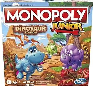 Hasbro Gaming Monopoly Junior Dinosaur Edition Game | Kids Board Games with Dino-Themed Toy Tokens | 2-4 Players for Boys & Girls | Ages 5+ (Amazon Exclusive)