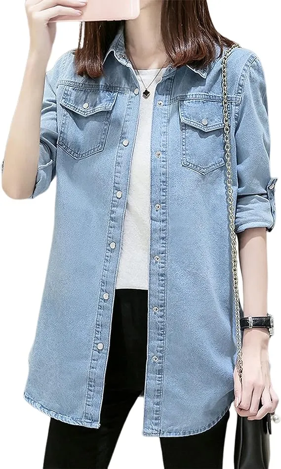 Jofemuho Womens Classic Long Jean Jacket Plus Size Loose Long Sleeve Button Down Denim Jacket Trench Coat