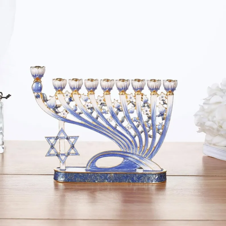 Matashi Hand Painted Blue Enamel Menorah Candelabra with A Modern Flow & Star of ...