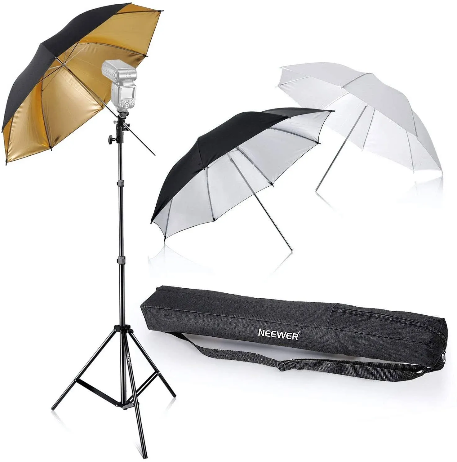 Neewer Flash Mount Three Umbrellas Kit 33"/84cm White Soft/Silver Reflective/Gol