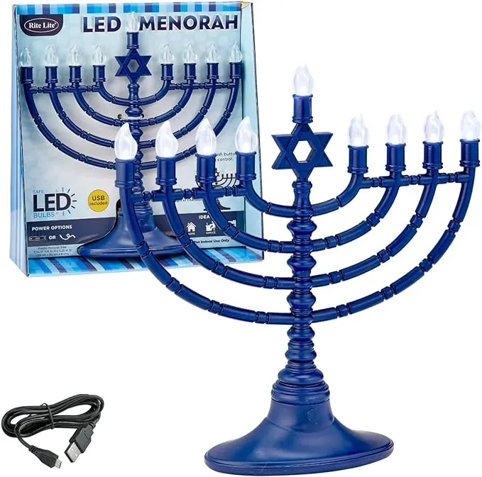 Traditional LED Electric Blue Hanukkah Menorah - Battery or USB Powered - Includes a Micro USB 4' Charging CableTraditional LED Electric Blue Hanukkah Menorah - Battery or USB Powered - Includes a Micro USB 4' Charging Cable