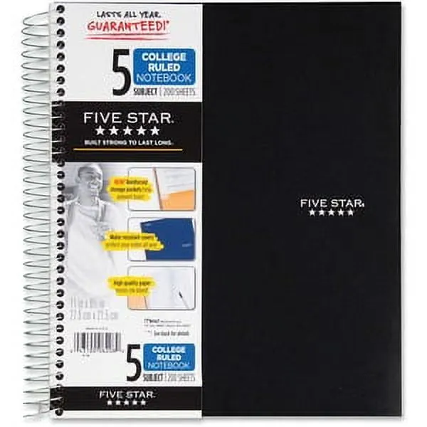 Five Star 5 Subject College Ruled Notebook, Black